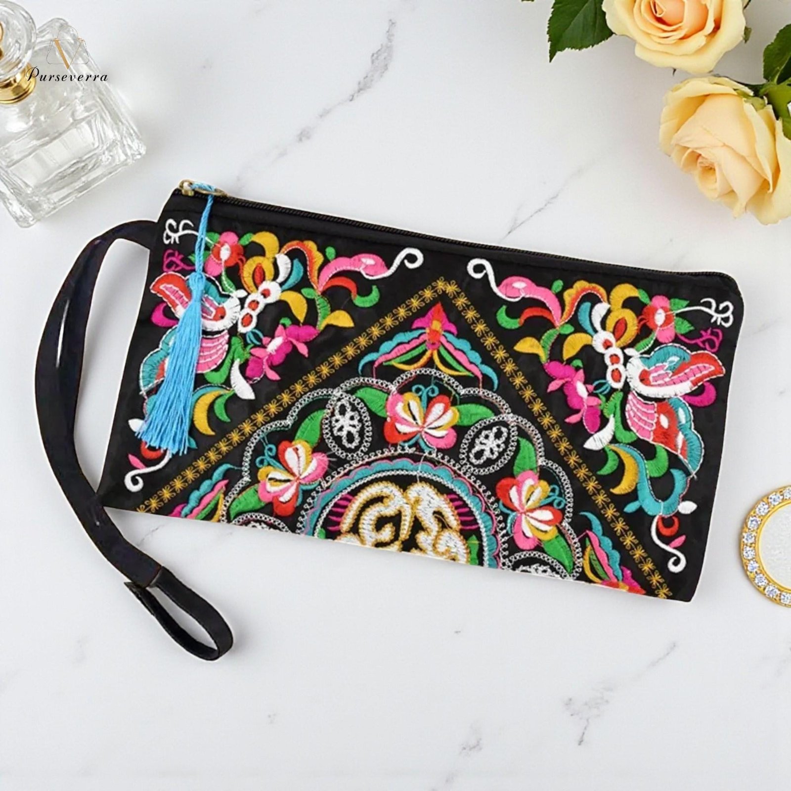 embroidered floral clutch: elegant zipper evening purse, halloween bag embroidered floral clutch: elegant zipper evening purse, halloween bag