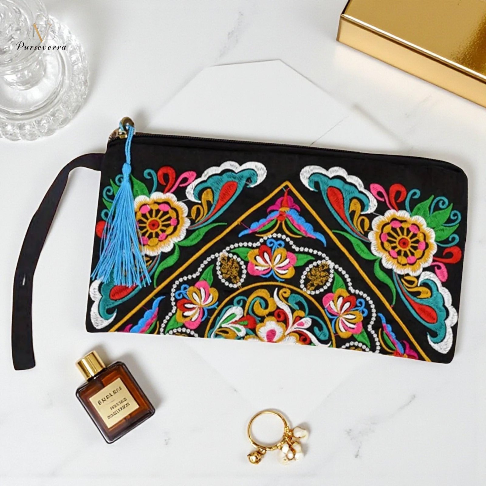 embroidered floral clutch: elegant zipper evening purse, halloween bag embroidered floral clutch: elegant zipper evening purse, halloween bag