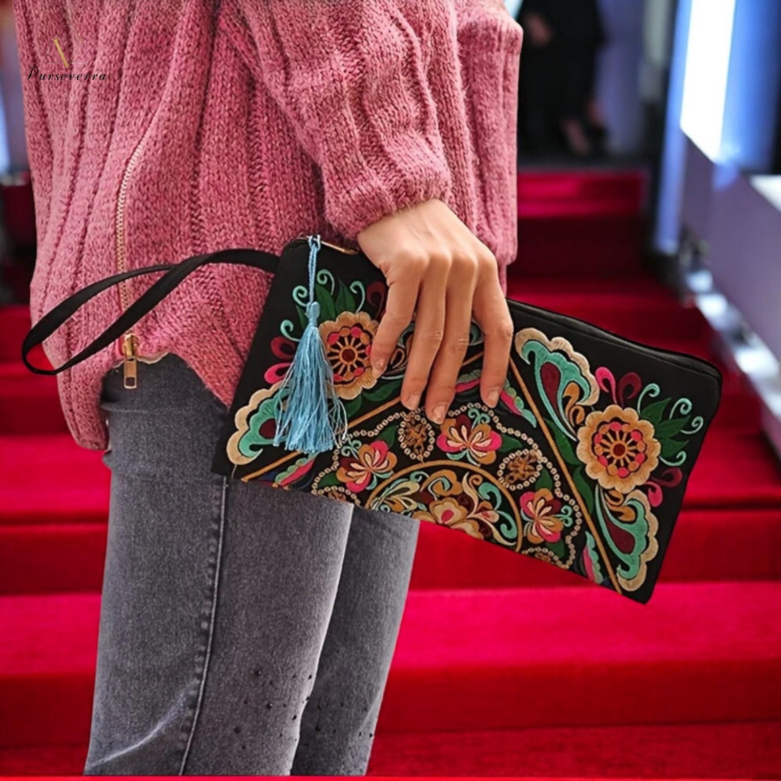 embroidered floral clutch: elegant zipper evening purse, halloween bag embroidered floral clutch: elegant zipper evening purse, halloween bag