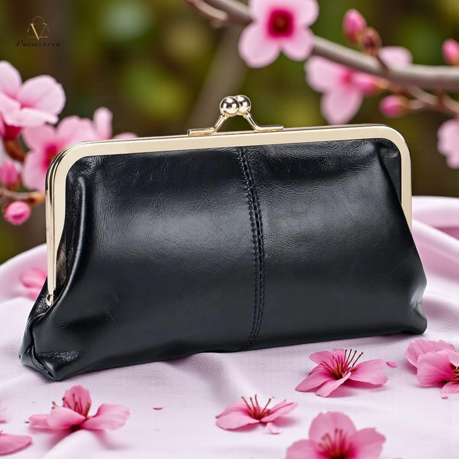 black leather clutch purse: vintage clip evening bag with card slots black leather clutch purse: vintage clip evening bag with card slots