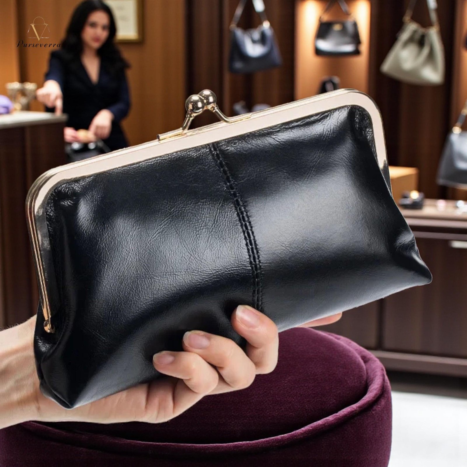 black leather clutch purse: vintage clip evening bag with card slots black leather clutch purse: vintage clip evening bag with card slots