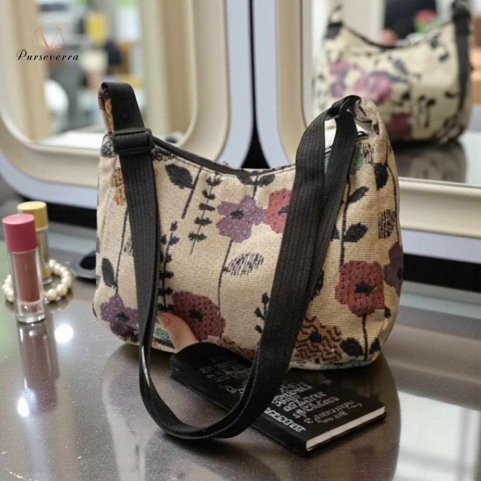 floral embroidered canvas shoulder bag, handmade half moon purse, casual flower handbag for women, travel & everyday bag floral embroidered canvas shoulder bag, handmade half moon purse, casual flower handbag for women, travel & everyday bag